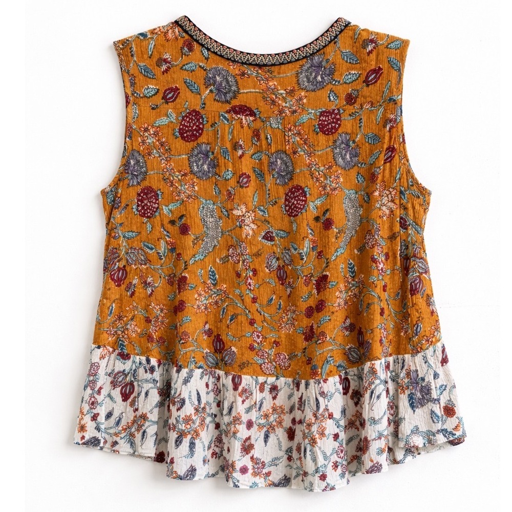 Myra Bag‎ Womens XL Floral Embroidered V-Neck High-Low Peplum Tank Top Mustard - Picture 2 of 6